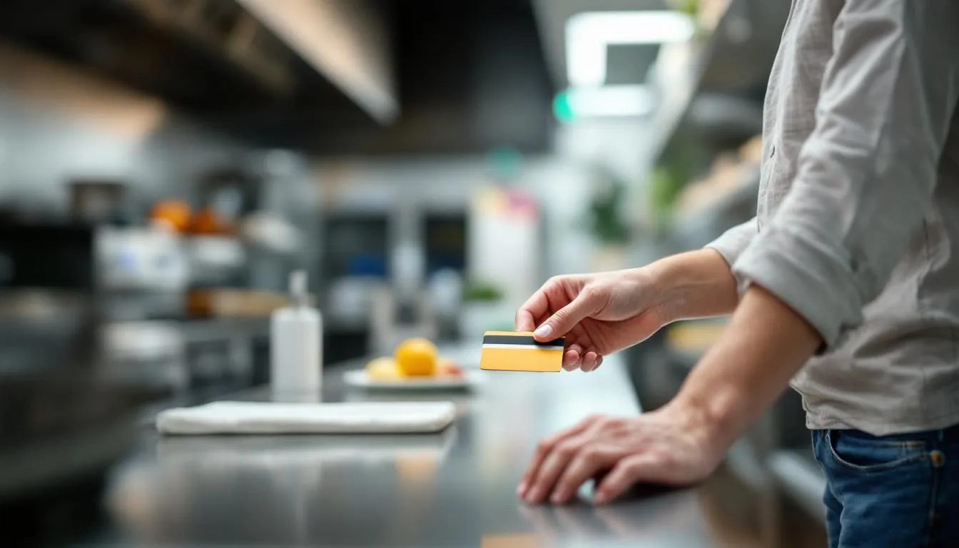 A person paying by card for catering with a smile—clearly a happy customer. In the background you can see assorted snacks that might be part of a Warsaw catering offer.