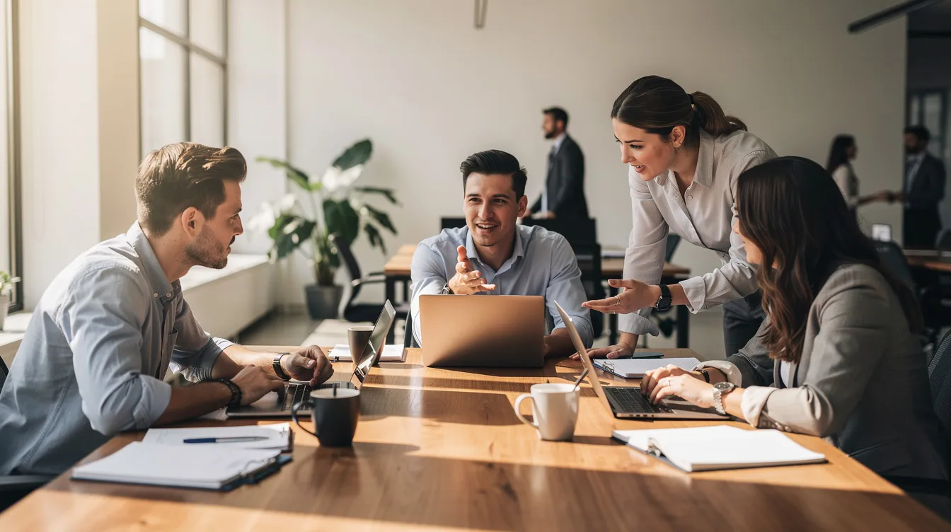 A diverse team is collaborating around a large table, each member focused on their laptops in a bright, open workspace. This environment fosters creativity and productivity, essential for developing effective SEO strategies to enhance local search rankings and improve brand visibility.