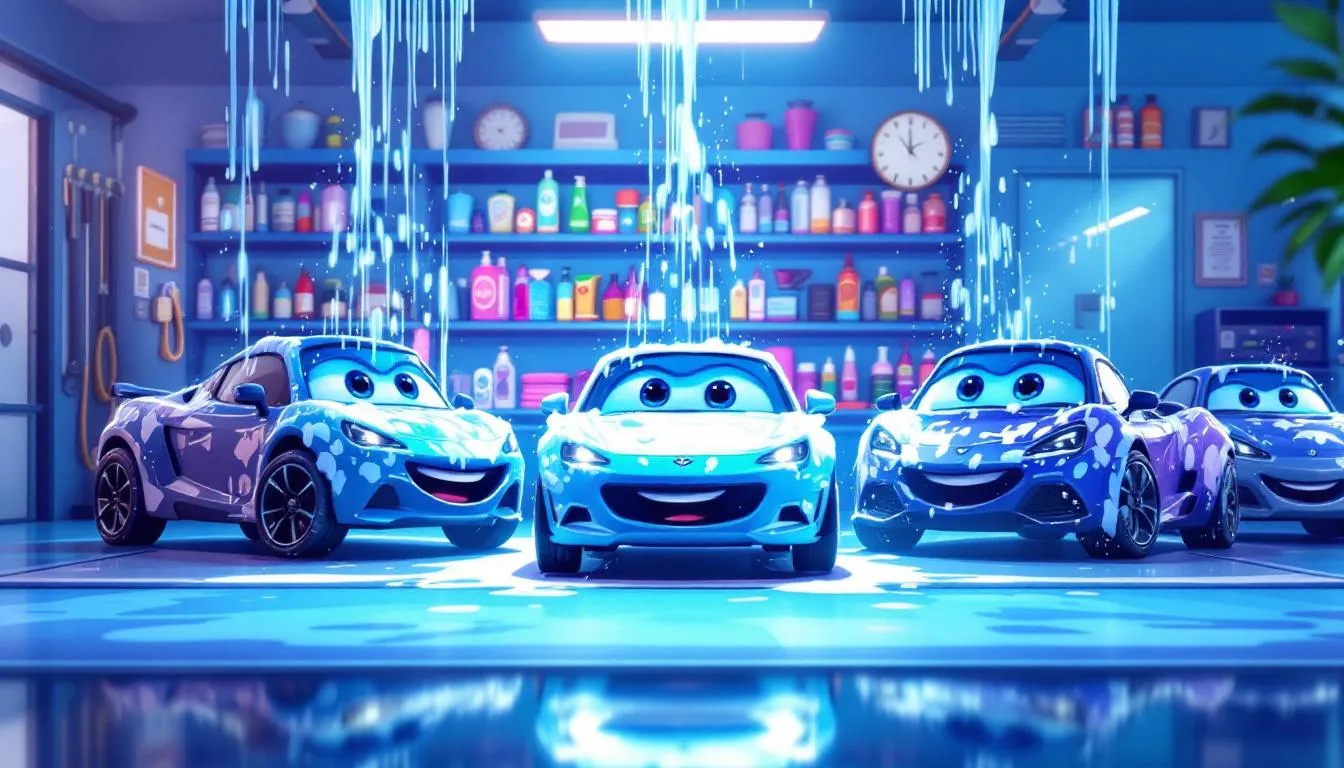 The image depicts a vibrant auto detailing store filled with animated, smiling cars being washed, showcasing a variety of car cleaning products on shelves in the background. This lively scene captures the passion of car enthusiasts and highlights the premium raw materials and tools available for vehicle care and performance enhancement.