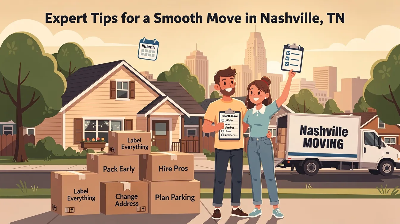 The image features a checklist of expert tips for a smooth move in Nashville, TN, highlighting essential advice for local and long distance moves. It emphasizes the importance of hiring professional movers, planning ahead, and managing moving costs to ensure a stress-free transition to your new home in Music City.