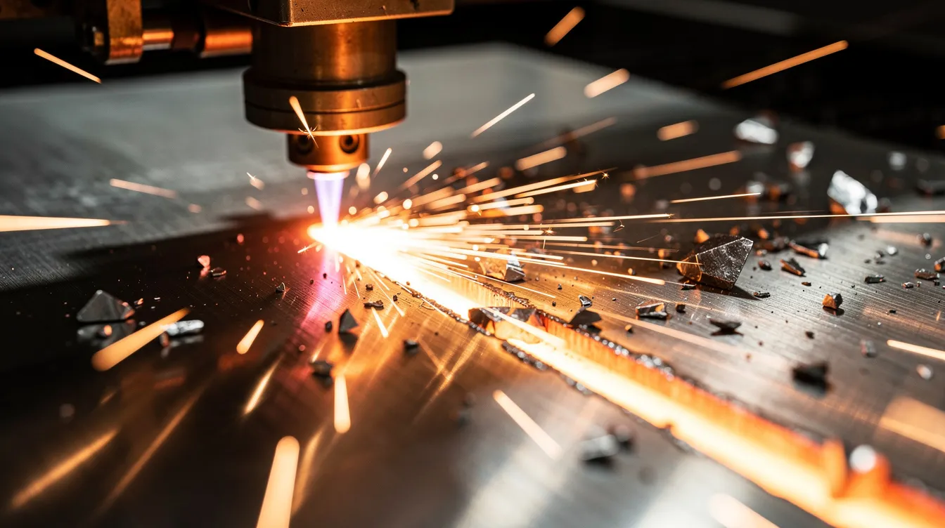 A close-up image captures a fiber laser cutting through a stainless steel sheet, with bright sparks flying in multiple directions. This precision sheet metal fabrication process showcases the efficiency of laser cutting technology, often utilized by metal fabrication companies for creating high-quality sheet metal components.