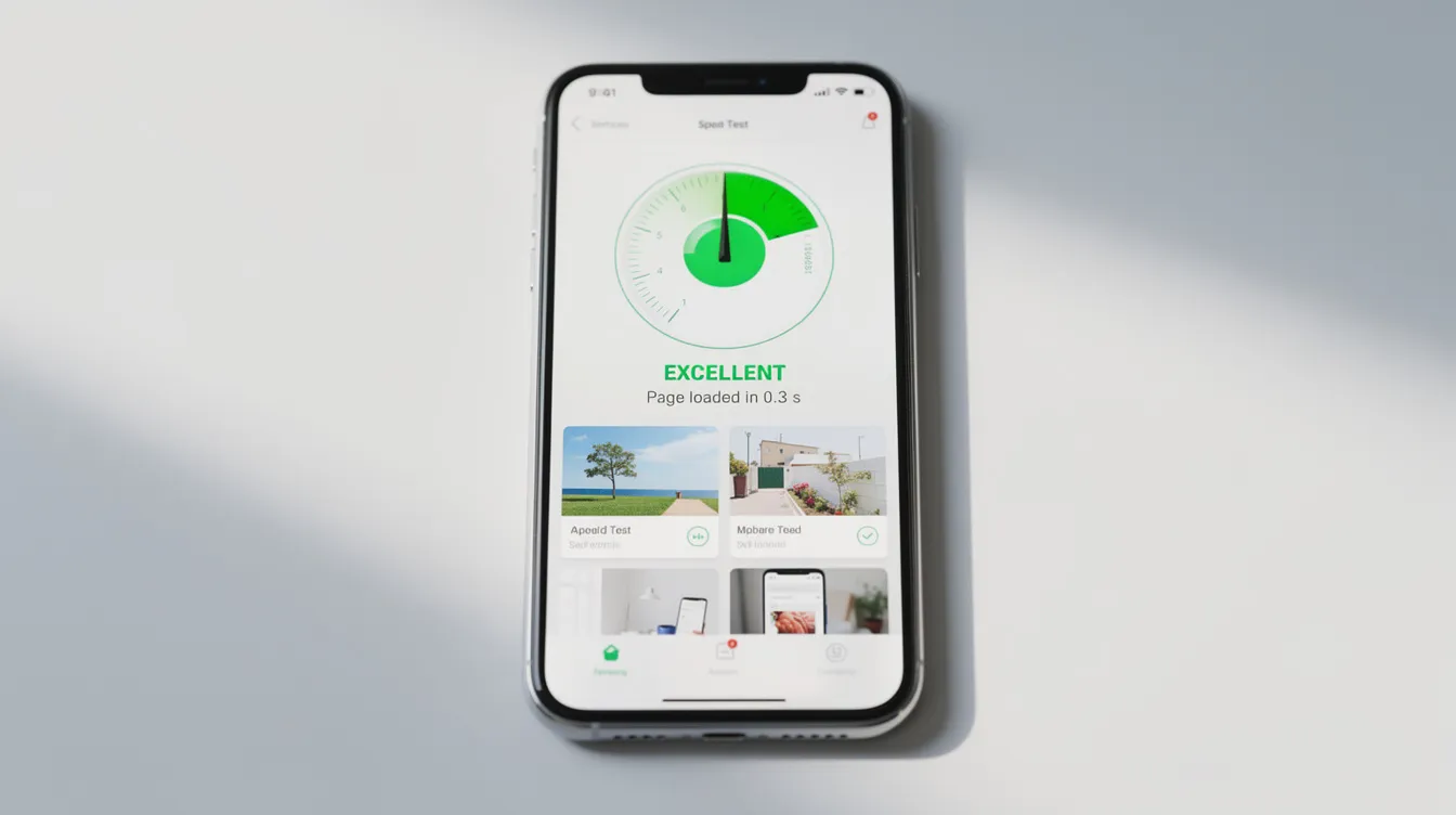 A smartphone screen showcases a fast-loading website with a speed meter indicator displaying excellent performance, highlighting the importance of mobile optimization for improved search engine rankings and user experience. The display emphasizes the effectiveness of SEO strategies in enhancing a website's visibility and organic traffic.