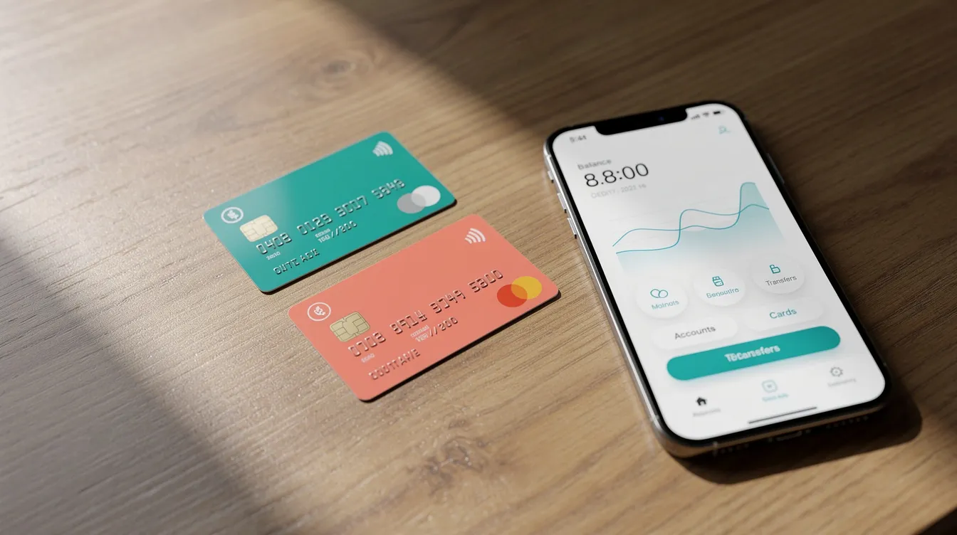The image features two colorful debit cards placed alongside a smartphone displaying a banking app on a wooden desk, symbolizing modern money management and the convenience of managing personal and business accounts. This setup highlights the ease of making bank transfers, international payments, and currency conversions without hidden fees.