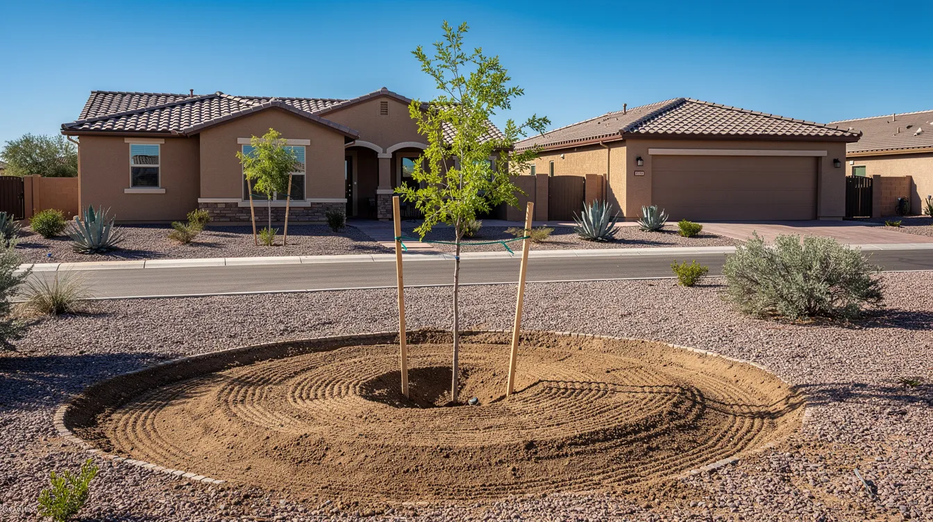 A young desert tree is newly planted in a well-maintained residential yard in the Phoenix area, surrounded by freshly graded soil, indicating a careful landscaping project. This vibrant addition enhances the property while contributing to the local ecosystem.