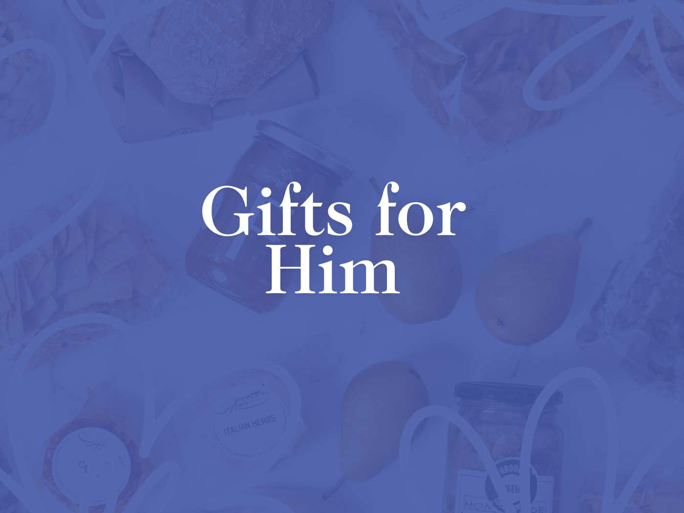 A collection of various gift items overlaid with the text 'Gifts for Him' in white on a blue background. Fabulous Flowers and Gifts. Gifts for Him. 