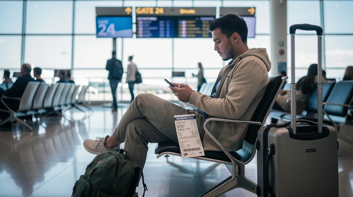 A traveler is seated at an airport gate, engrossed in their smartphone, with a visible boarding pass placed nearby. The scene captures the essence of mobile connectivity as the traveler prepares for their journey, possibly considering options like a pay as you go esim for seamless communication.