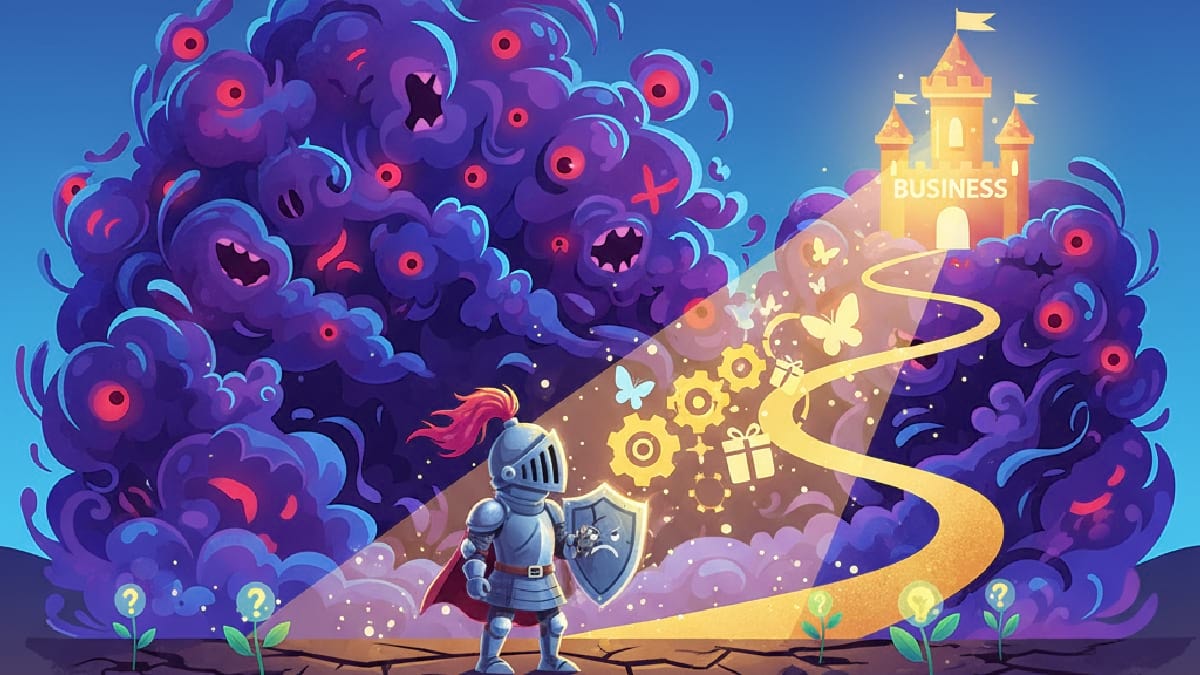 A determined knight confronts a dark monster blocking the path to a bright “Business” castle.
