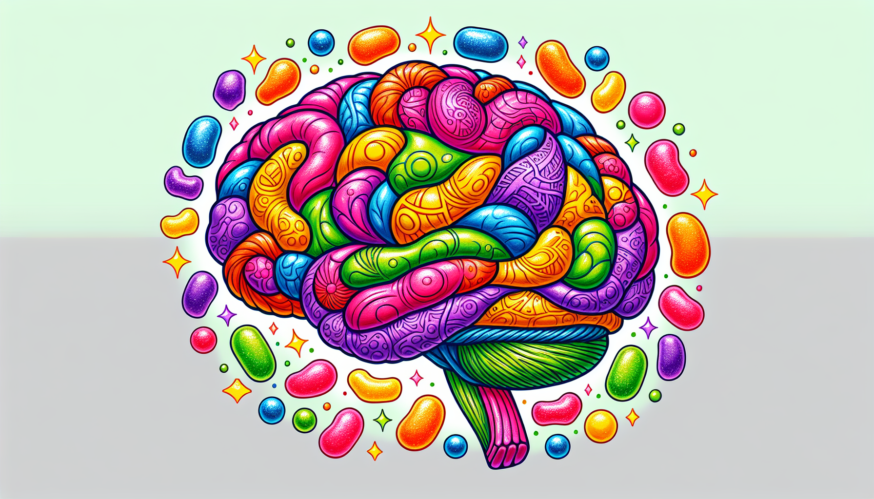 An illustration of a brain with creatine gummies around it, highlighting brain health.