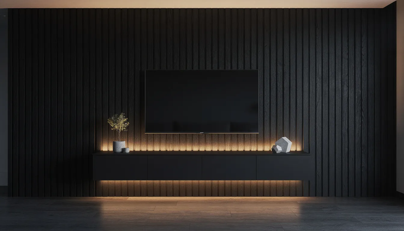 De afbeelding toont een dramatische wand van zwart eiken houten wandpanelen achter een moderne tv-opstelling, verlicht door warme sfeerverlichting. Deze stijlvolle afwerking creëert een krachtig contrast en voegt een luxe uitstraling toe aan de woonkamer, terwijl het ook akoestische voordelen biedt.