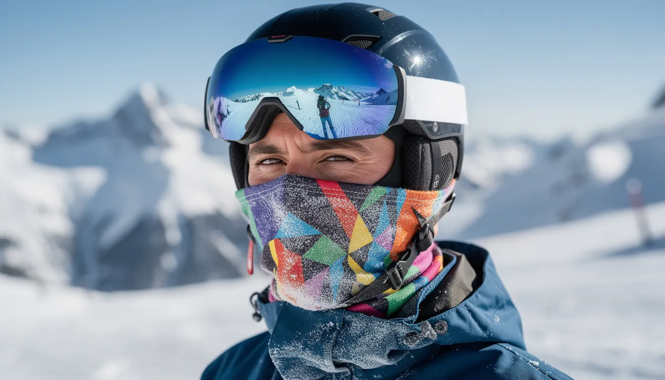 Na zdjęciu widoczny jest narciarz w kasku i goglach, który ma na sobie kolorową kominiarkę chroniącą twarz przed zimnem. Jego strój narciarski składa się z kurtki i spodni narciarskich, które zapewniają komfort termiczny oraz ochronę przed wiatrem i wilgocią podczas jazdy na nartach w trudnych warunkach atmosferycznych.