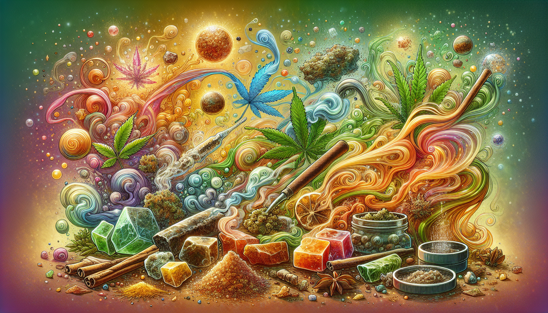 An artistic representation of the flavors and textures of HHCP hash, showcasing the variety of ingredients.