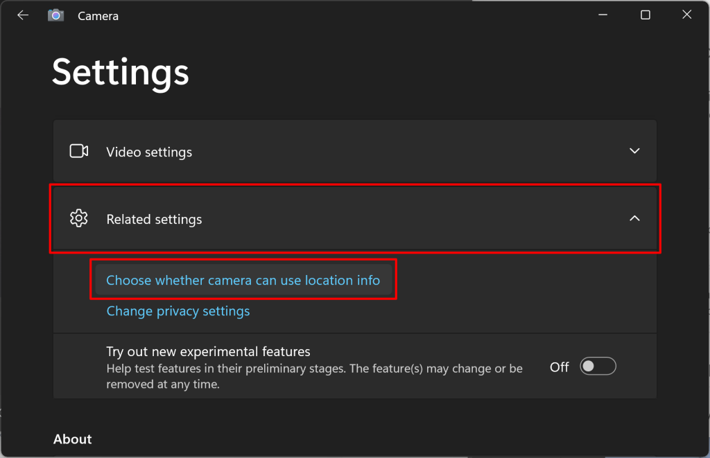 Windows Camera settings page