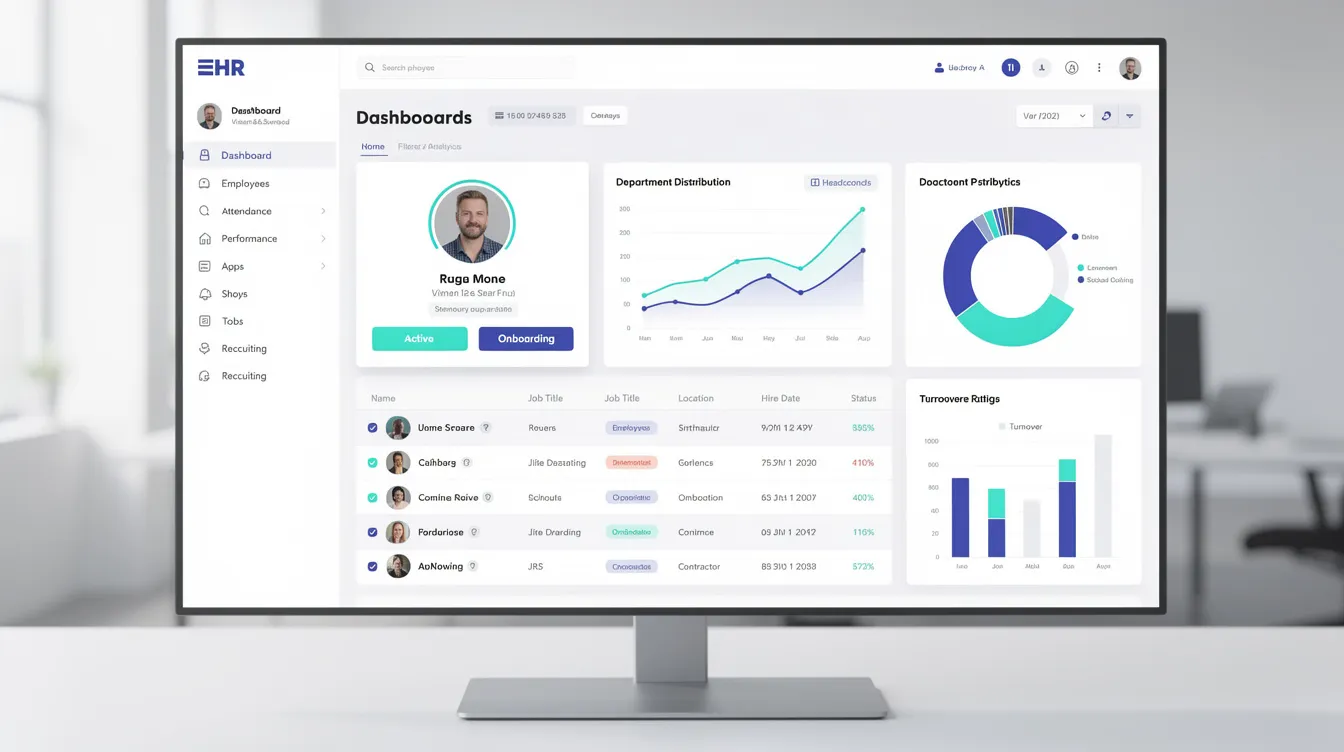 The image depicts a modern HR dashboard interface displaying various employee data and analytics, highlighting key HR functions such as payroll processing, employee benefits administration, and performance improvement plans. This visual representation emphasizes the advantages of outsourcing HR services, showcasing how HR professionals can efficiently manage administrative tasks and enhance employee satisfaction.
