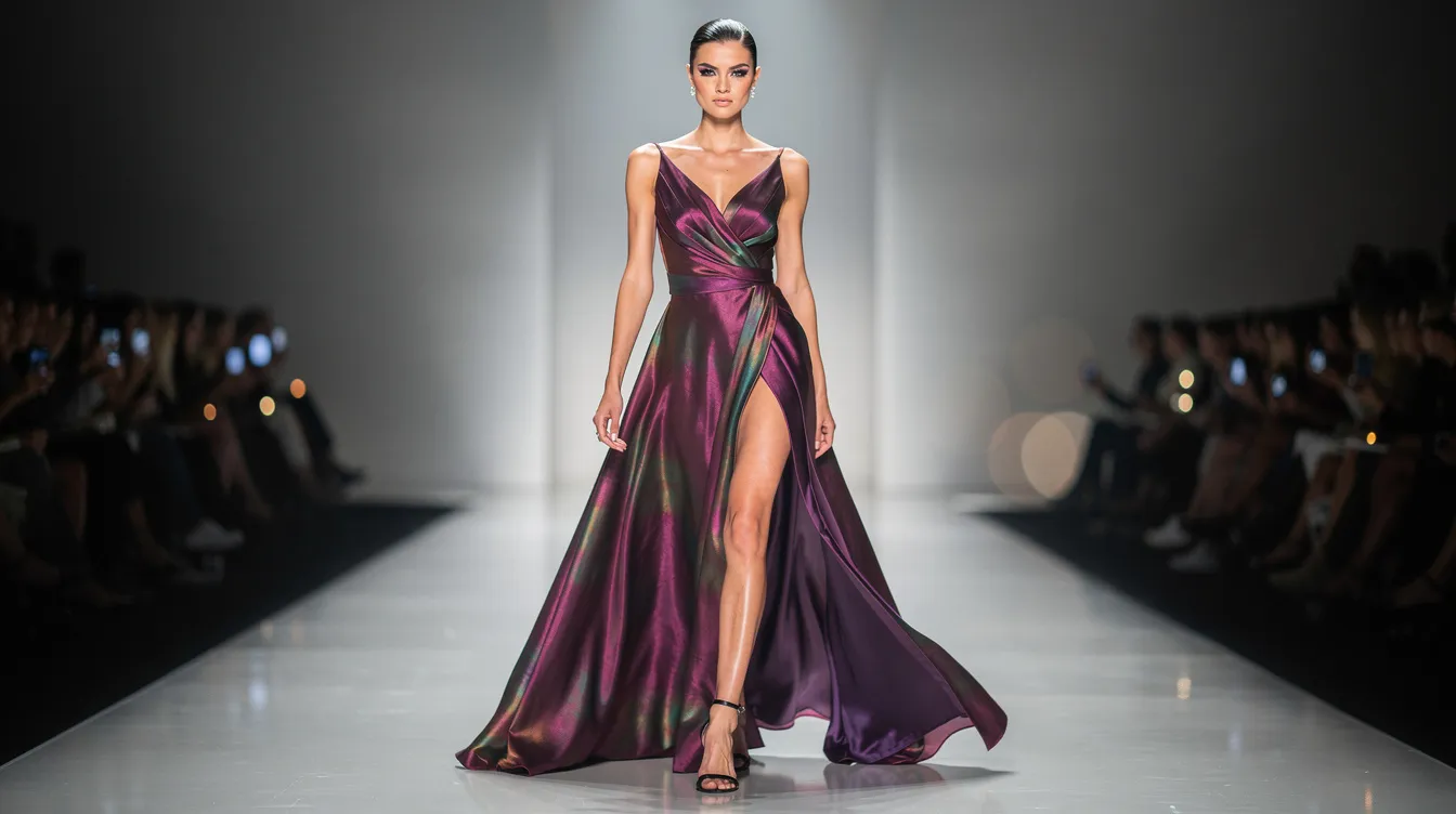 A tall model confidently struts down a brightly lit runway, showcasing a flowing gown that highlights the latest fashion collections. This scene captures the essence of high fashion and the vibrant energy of runway shows in the fashion industry.