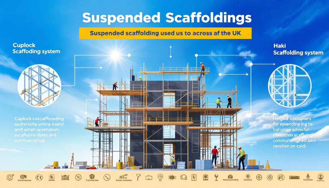 Suspended scaffolding systems being used by construction workers.