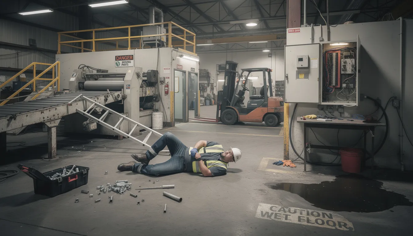 The image depicts a workplace accident scene highlighting various industrial safety hazards, such as exposed machinery and cluttered workspaces, which can lead to serious injuries. This visual serves as a reminder of the importance of workplace safety and the potential need for legal assistance from a workers compensation attorney for injured workers seeking fair compensation for their personal injury claims.
