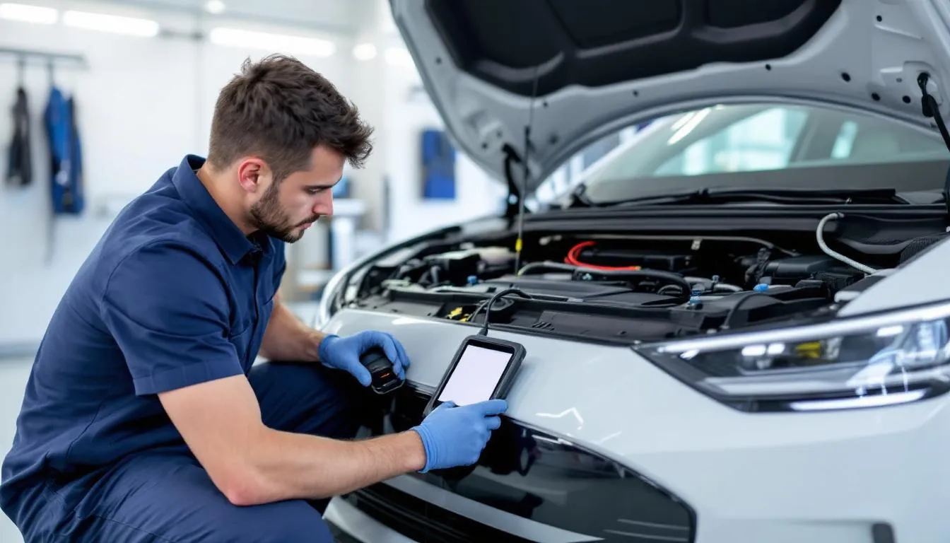 A mechanic working on an electric vehicle, showcasing maintenance and repair challenges.