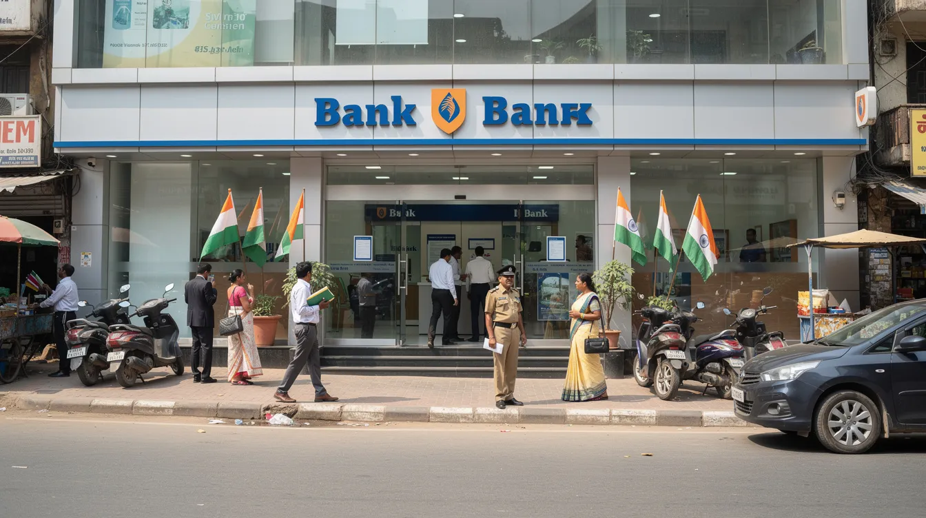 The image shows the exterior of a Syndicate Bank branch in India, with customers walking in and out, engaging in various banking transactions. The scene reflects a busy atmosphere, highlighting the bank's role in providing services for sending money abroad and other financial needs.