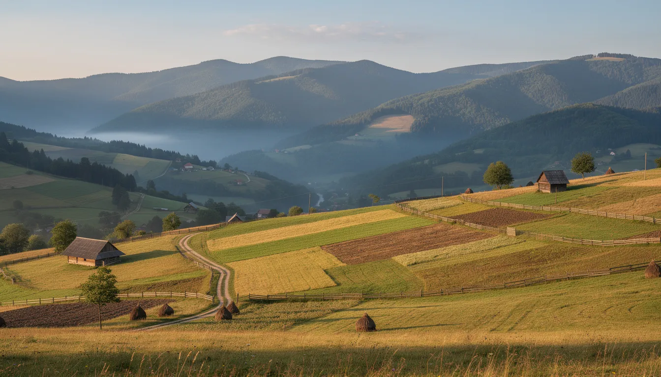 Una vista panorámica de los Cárpatos rumanos muestra un paisaje montañoso rodeado de campos de cultivo tradicionales, donde se cultivan ingredientes frescos para la rica gastronomía rumana, incluyendo verduras y maíz, esenciales en platos típicos como la mamaliga y las sarmale.