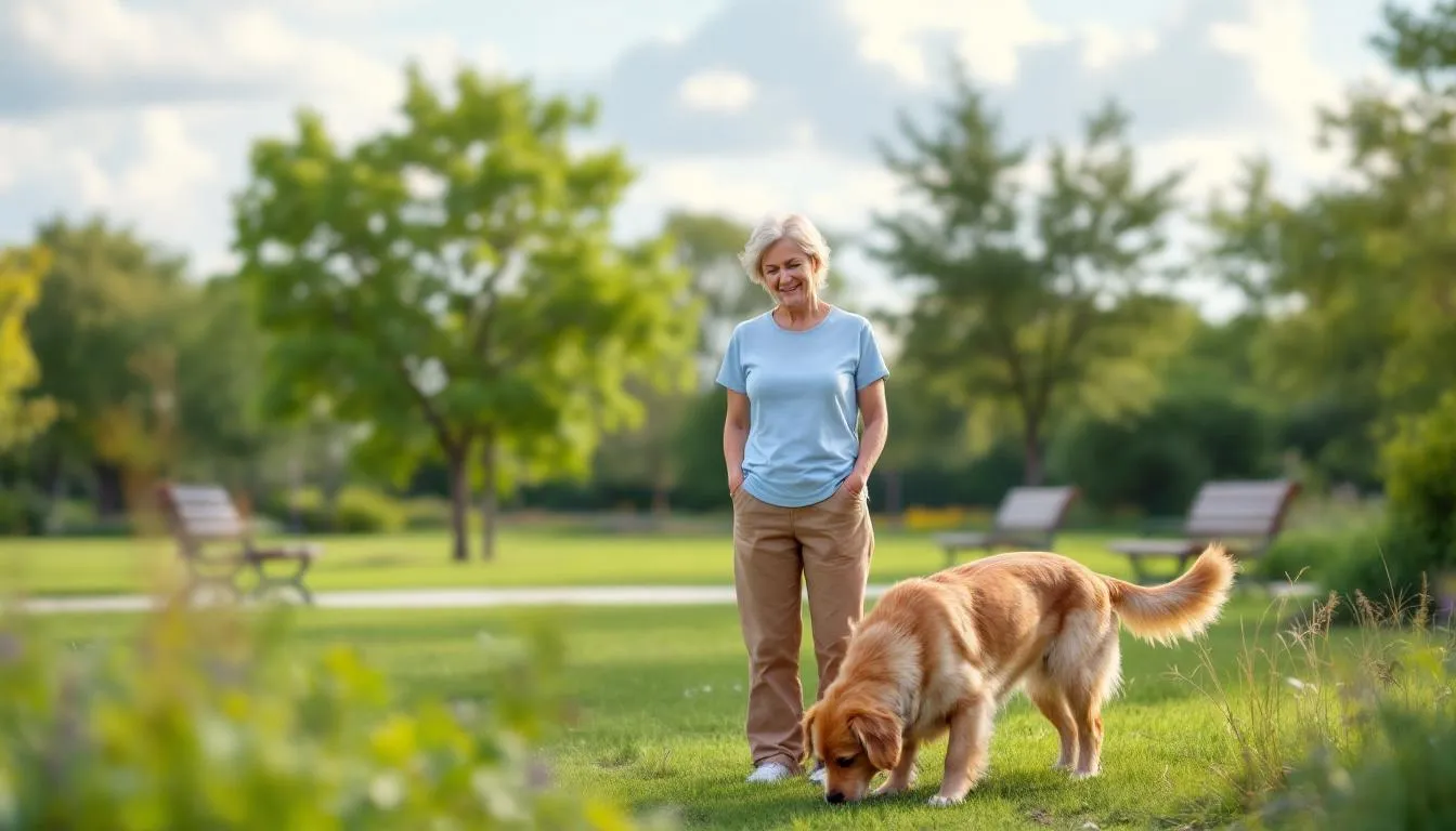 In a serene park setting, a patient dog owner stands calmly while their dog sniffs around various spots, gathering information about the environment. The dog