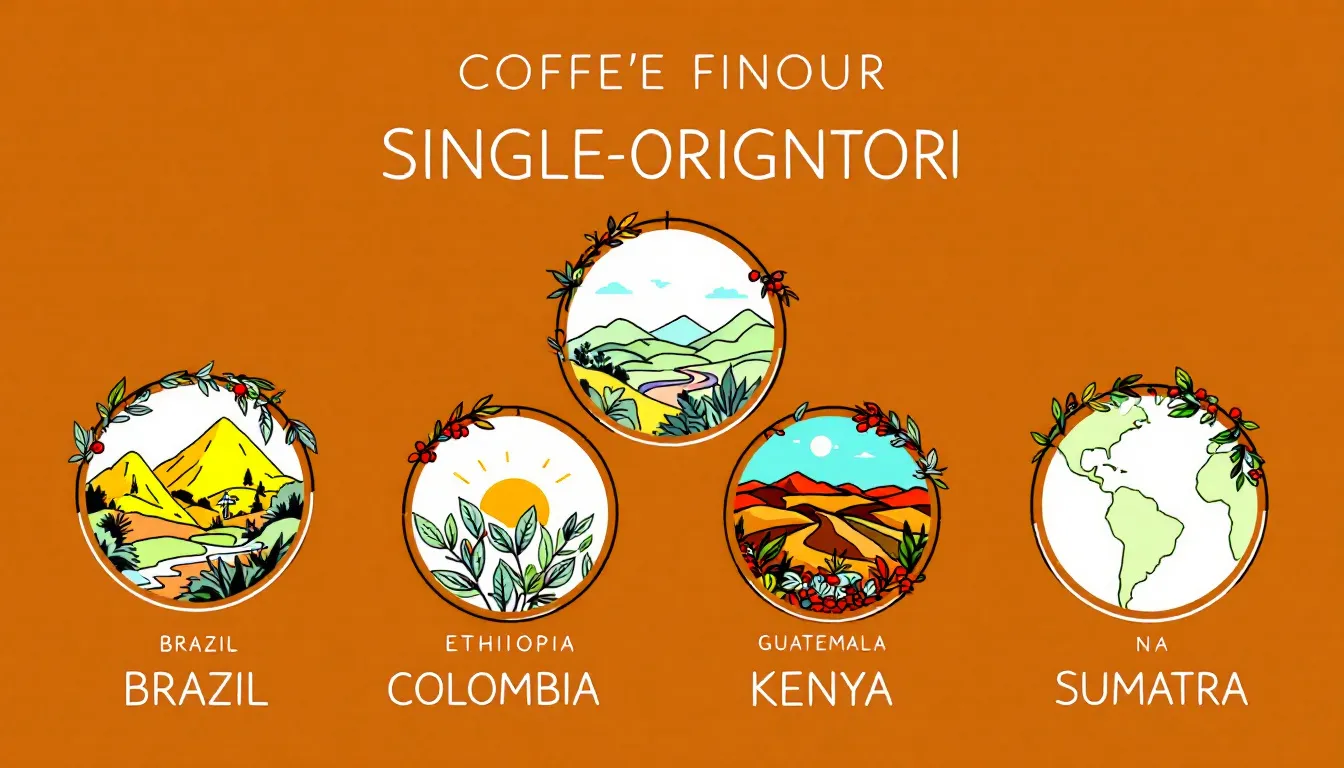 Regions known for producing single origin coffee, depicted through lush coffee plantations.