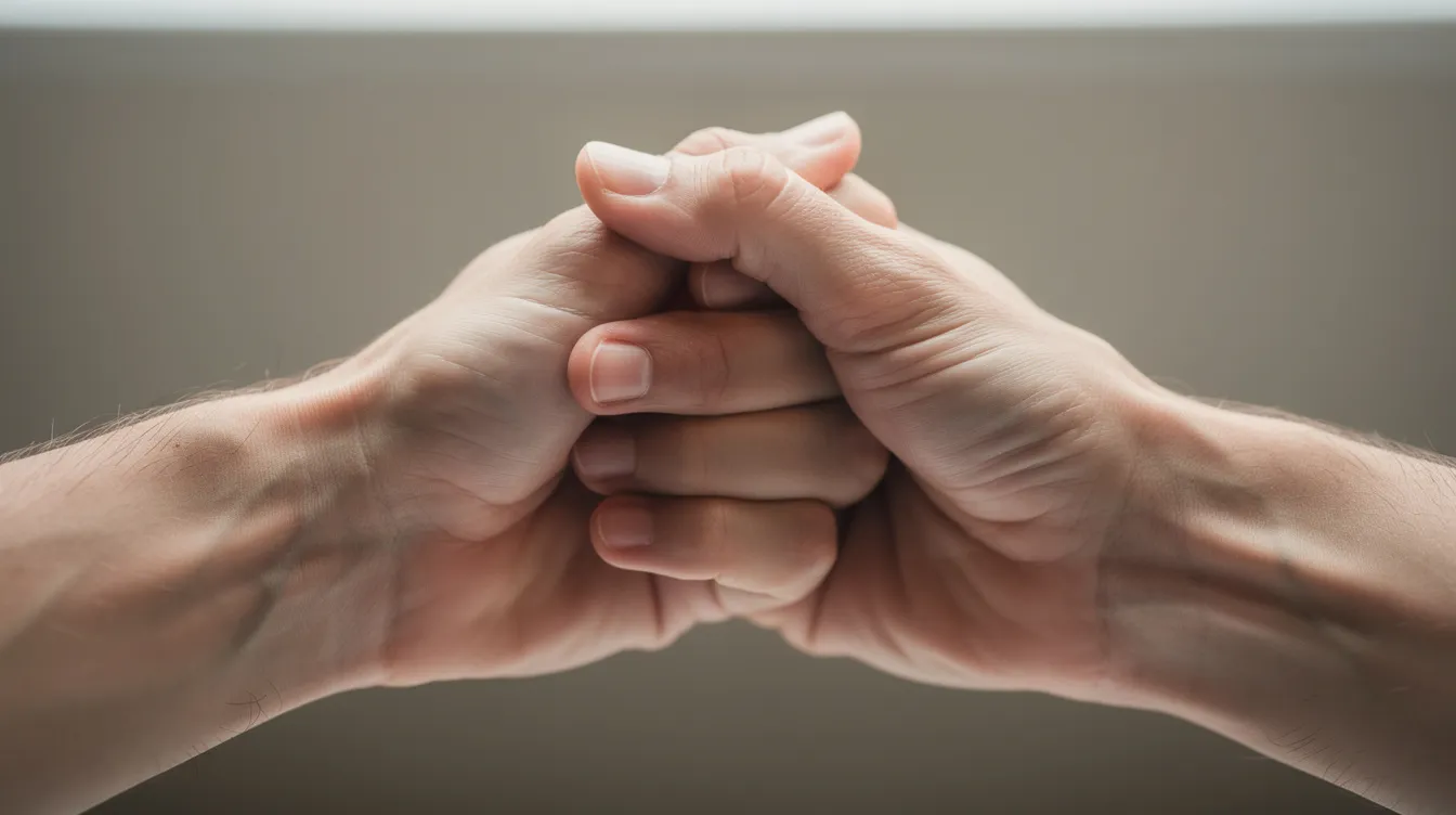 Na obrazku widoczne są dwie dłonie trzymające się nawzajem w geście wsparcia, symbolizujące solidarność i zrozumienie w trudnych chwilach, które mogą być związane z objawami nieleczonej depresji. Taki gest może być istotny dla osób zmagających się z problemami zdrowia psychicznego, pomagając im w walce z negatywnymi emocjami i izolacją społeczną.