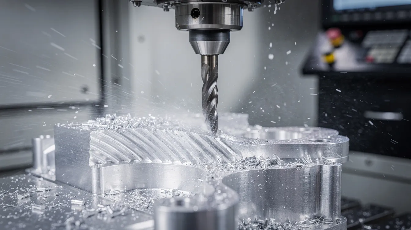 A close-up photograph captures a precision CNC milling machine actively cutting an aluminum component, with a visible coolant spray enhancing the machining process. This image showcases the advanced technology and tight tolerances typical in CNC machining services, emphasizing the importance of quality control in the manufacturing industry.