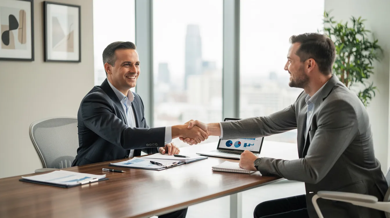 A professional financial advisor is shaking hands with a client across a desk in a bright, modern office, symbolizing trust and collaboration in financial planning. The scene reflects a positive atmosphere conducive to discussing topics such as 網上 貸款 and 貸款 申請.