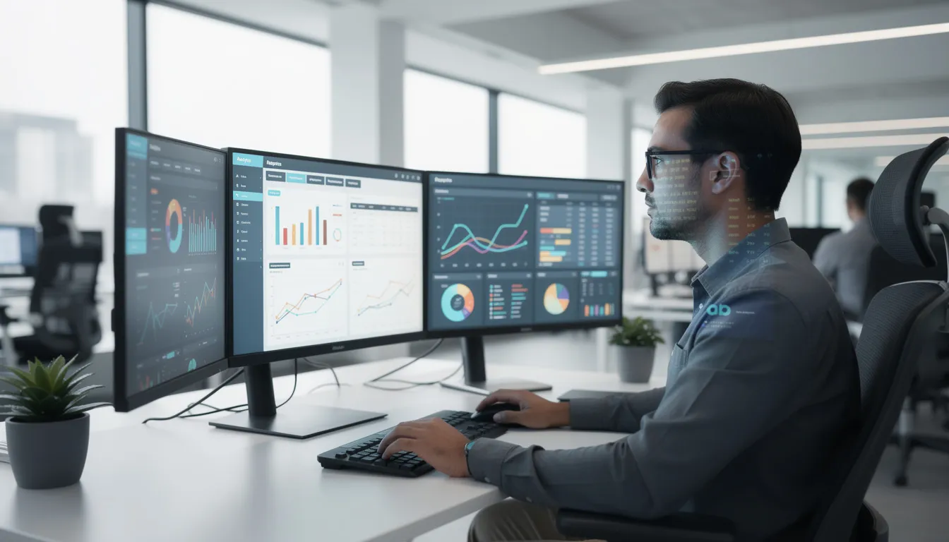 The image depicts a person in a modern office, intently analyzing data across multiple computer screens, which display various metrics related to search engine optimisation for ecommerce websites. The setup suggests a focus on enhancing organic traffic and improving the SEO strategy for an online store.