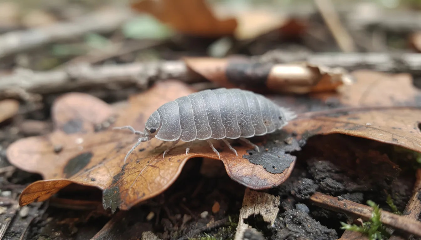 A close-up photograph captures a grey woodlouse, a terrestrial isopod, resting on decaying oak leaves on the forest floor. The image highlights the intricate details of its exoskeleton and jointed legs, surrounded by the rich textures of rotting wood and fallen foliage.