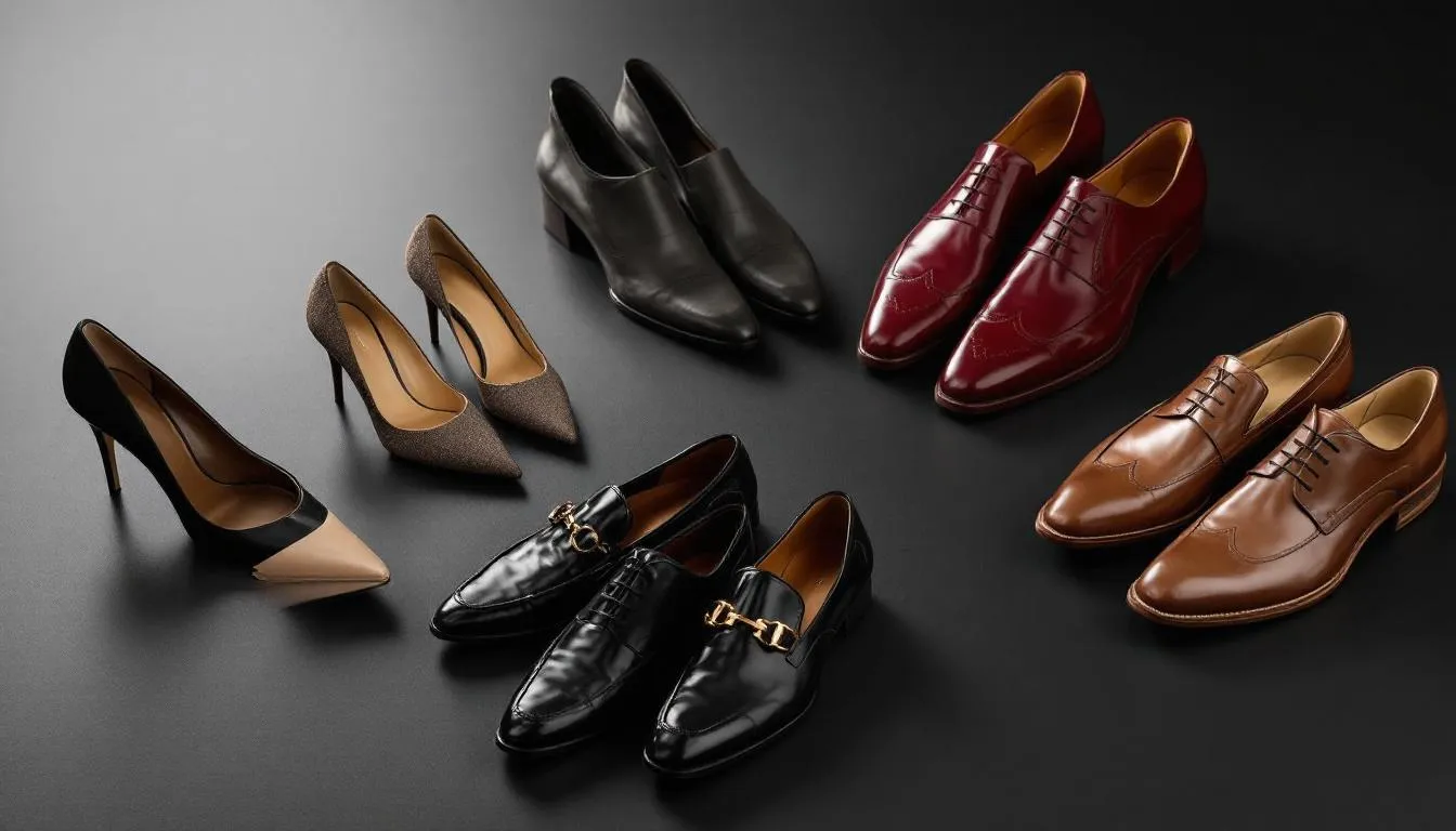 Na zdjęciu przedstawione są różne typy eleganckich butów damskich i męskich, idealnych na eleganckie przyjęcie, takie jak urodziny w lokalu. Wśród modeli znajdują się zarówno stylowe buty na wysokim obcasie, jak i eleganckie mokasyny, które doskonale pasują do eleganckich spodni lub sukienek koktajlowych.