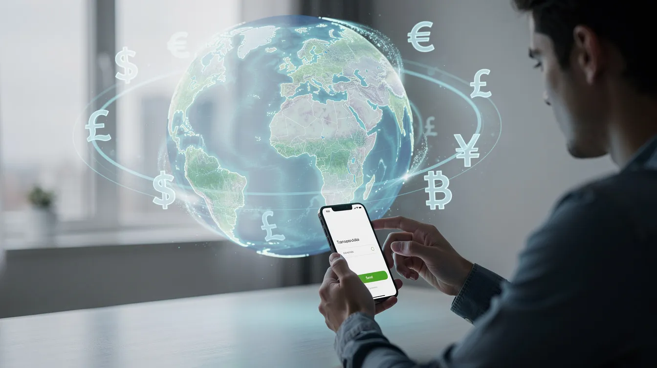 A person is using a smartphone app to send money internationally, with a globe and various currency symbols in the background, illustrating the convenience of mobile money services and digital financial services in today's global economy. This scene highlights the importance of mobile wallets and the growth of Ethiopia's mobile money market, emphasizing secure transactions and financial inclusion.
