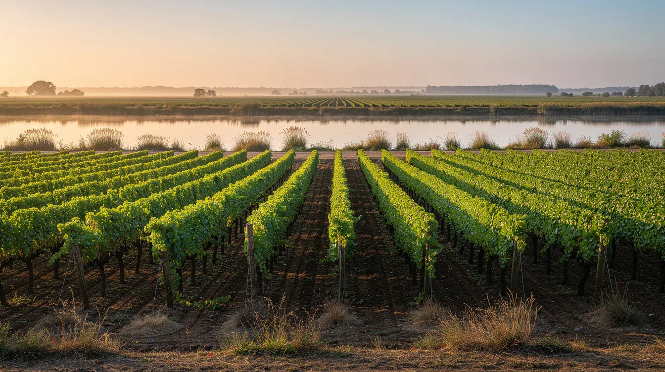 The image depicts rows of lush grapevines extending towards a serene waterway in the flat Delta landscape during golden hour, showcasing the beauty of California wine country. This picturesque scene highlights the region's rich agricultural heritage, perfect for wine enthusiasts exploring the diverse grape varieties, including Italian varietals like Sauvignon Blanc and Cabernet Sauvignon.
