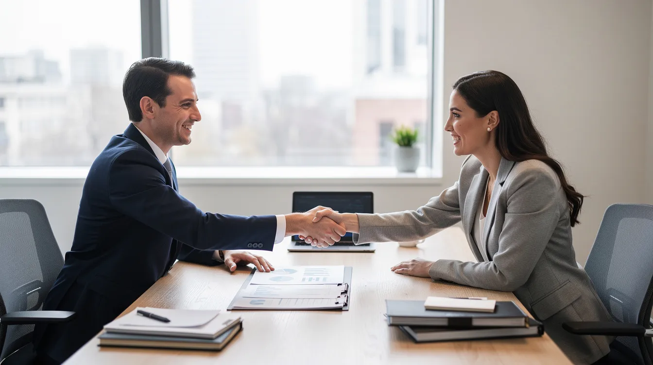 In a professional office setting, two individuals are engaged in a discussion while reviewing paperwork, shaking hands across a desk. This image captures the essence of collaboration, possibly related to home equity loans or a home equity line of credit, as they finalize important financial decisions.