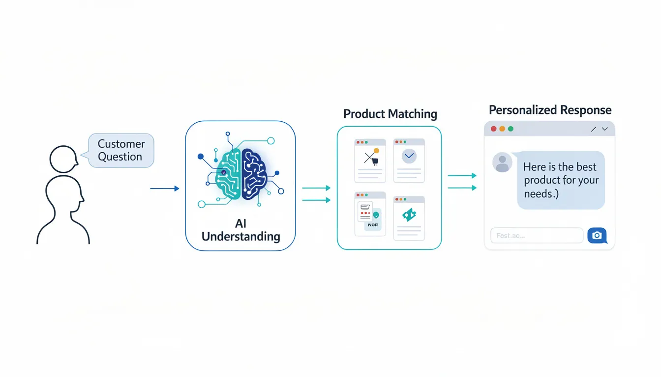 The image depicts a flow diagram illustrating the journey of a customer question as it transitions through AI understanding, leading to product matching and a personalized response. This process highlights the role of an AI shopping assistant in enhancing online shopping experiences by utilizing customer data and natural language processing for improved customer engagement and satisfaction.