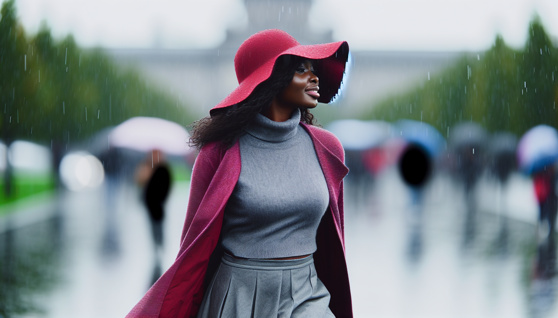 A woman wearing a stylish wide-brimmed rain hat walking in the rain