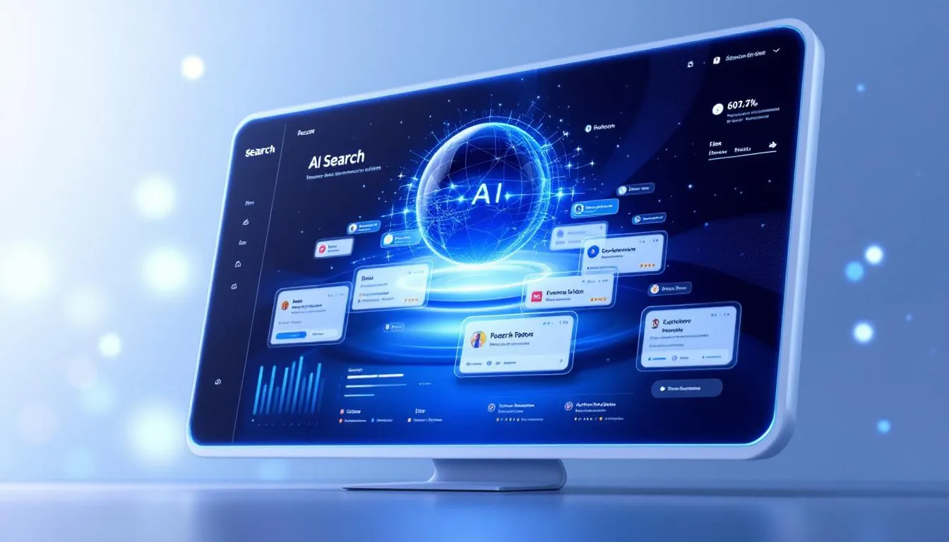 The image depicts a futuristic AI search interface showcasing integrated business recommendations, emphasizing AI-powered search engines that provide direct answers and actionable insights. It illustrates how brands can enhance their visibility through AI-generated responses and marketing tools, ultimately improving their presence in the competitive search landscape.
