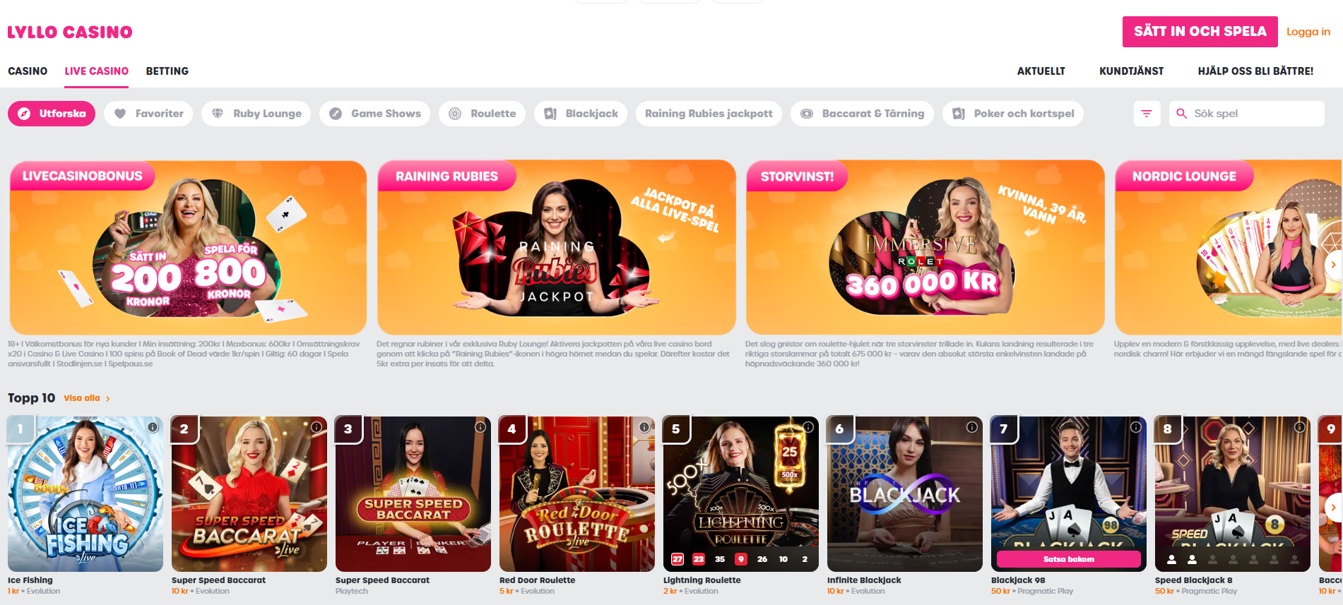 Live casino hos Lyllo Casino med blackjack, roulette, baccarat och andra live-spel.