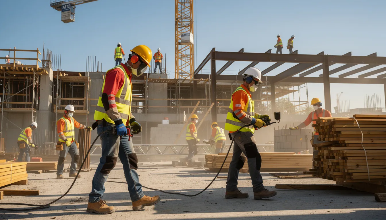 The image shows construction workers wearing safety helmets, vests, and gloves while actively working at a job site, emphasizing the importance of safety in preventing workplace injuries. These workers are engaged in tasks that require careful attention to avoid accidents and ensure they can file a workers compensation claim if needed for any injuries sustained on the job.