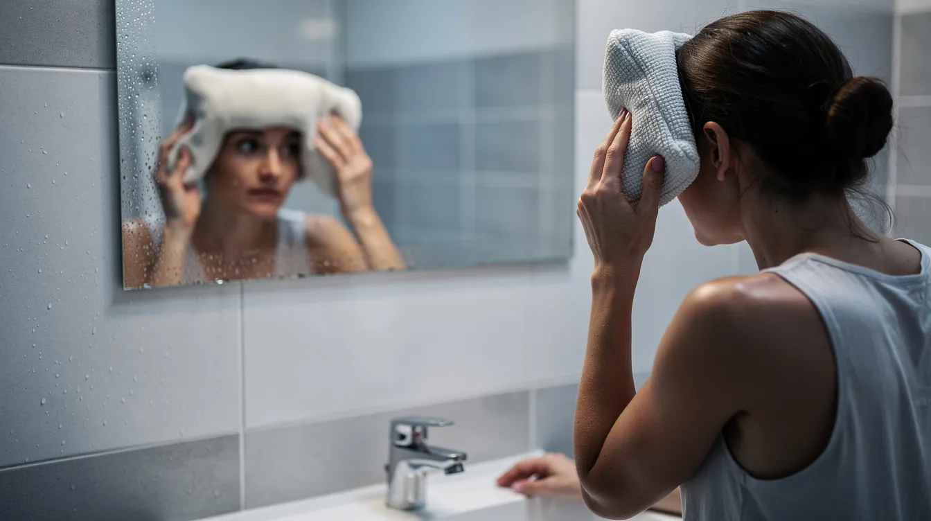 A person is gently applying a wrapped ice pack to their forehead while looking into a bathroom mirror, following botox aftercare instructions to reduce mild swelling and ensure optimal results after their treatment. The scene emphasizes the importance of proper aftercare for skin health and recovery.