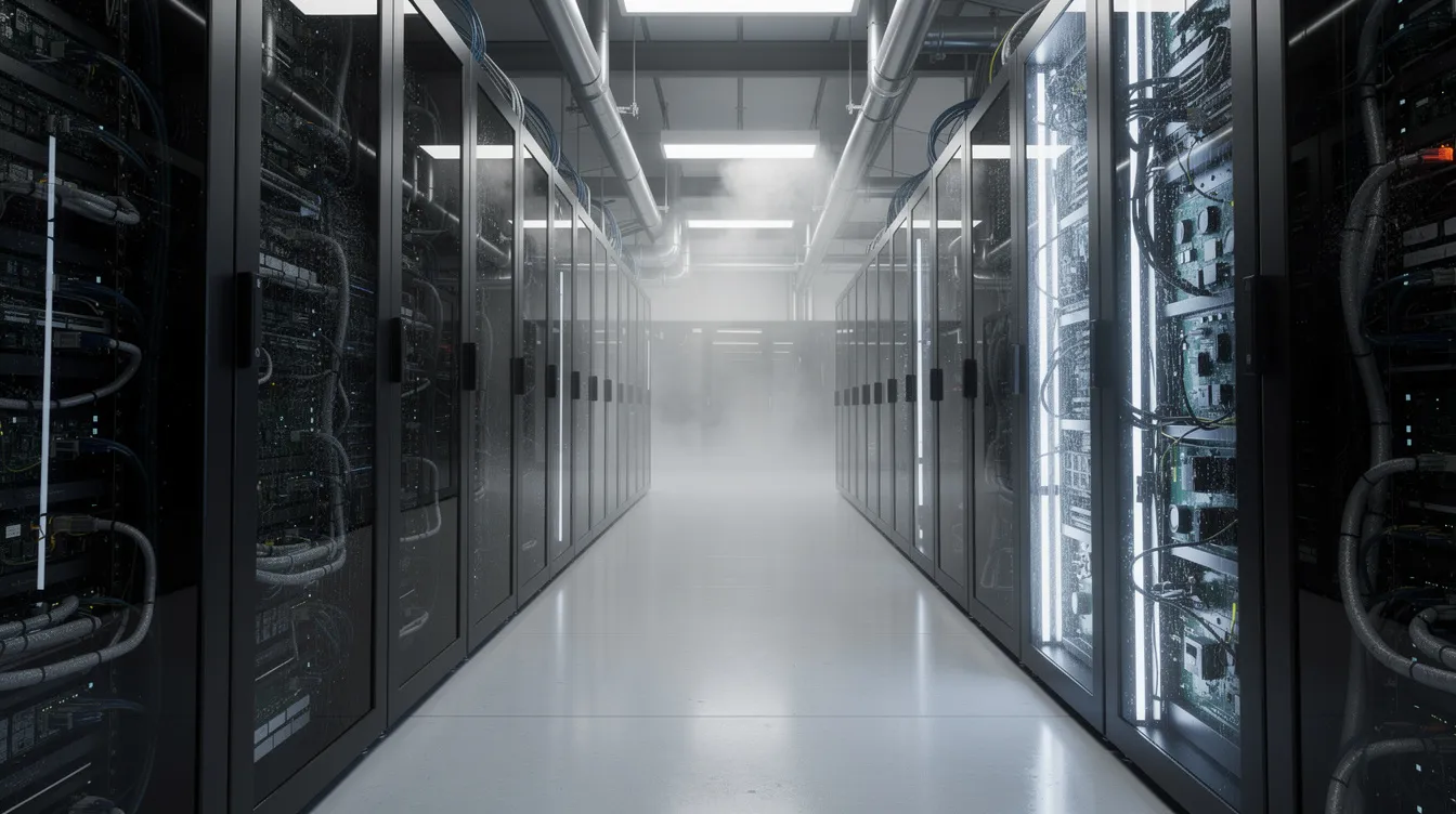 Das Bild zeigt einen Hochleistungs-Supercomputer, der mit modernen Kühlsystemen ausgestattet ist. Dieser Supercomputer, der Teil eines Schweizer Supercomputing Zentrums ist, wird für die Entwicklung von KI-Modellen und maschinellem Lernen eingesetzt.