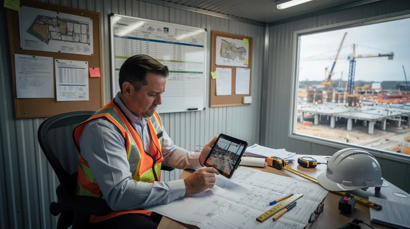 A construction superintendent sits in a jobsite office trailer, reviewing drone footage on a tablet to enhance worker safety and monitor site progress. This use of advanced safety technologies reflects the construction industry's commitment to protecting workers and practicing safety procedures on construction sites.