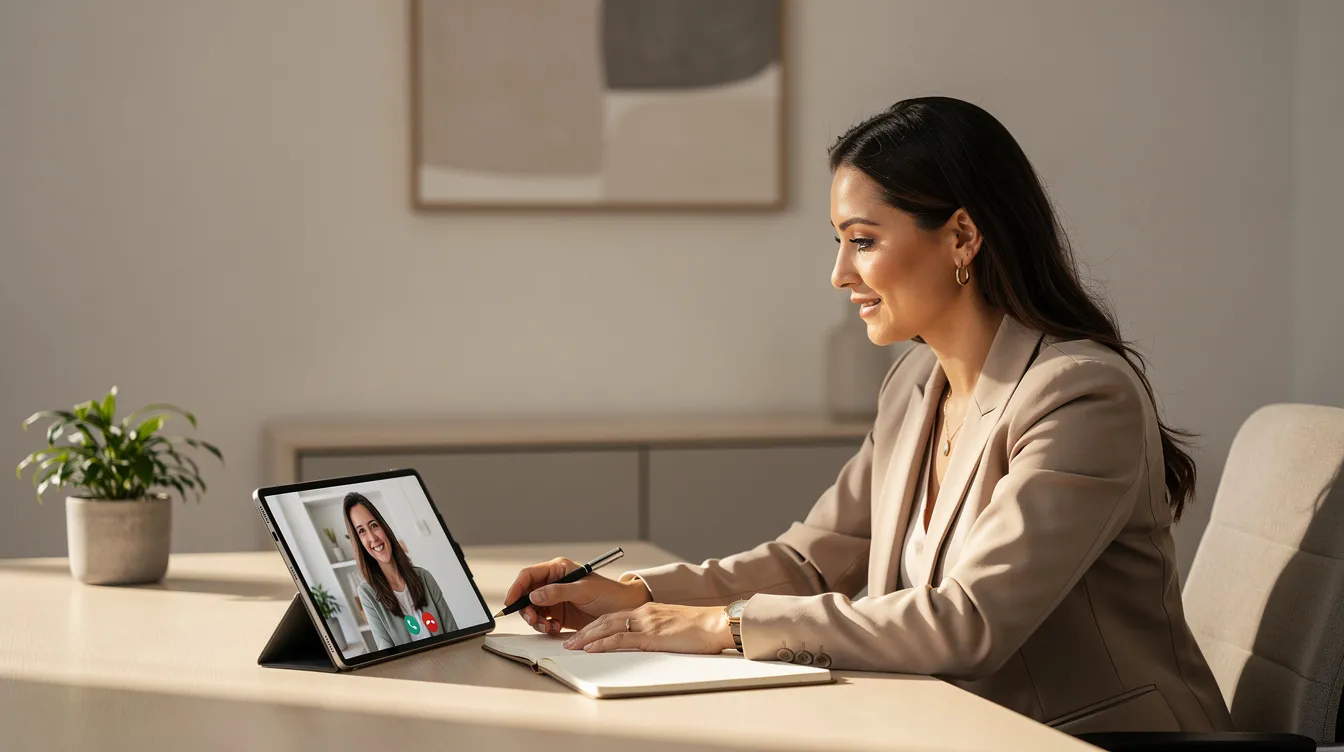 A professional matchmaker conducting a video consultation on a tablet in a minimalist office.