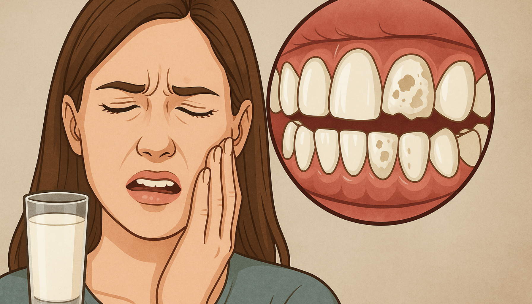 Illustrasjon av kvinne med tannverk og et nærbilde av misfargede tenner, sammen med et glass melk som symbol på kalsiummangel.
