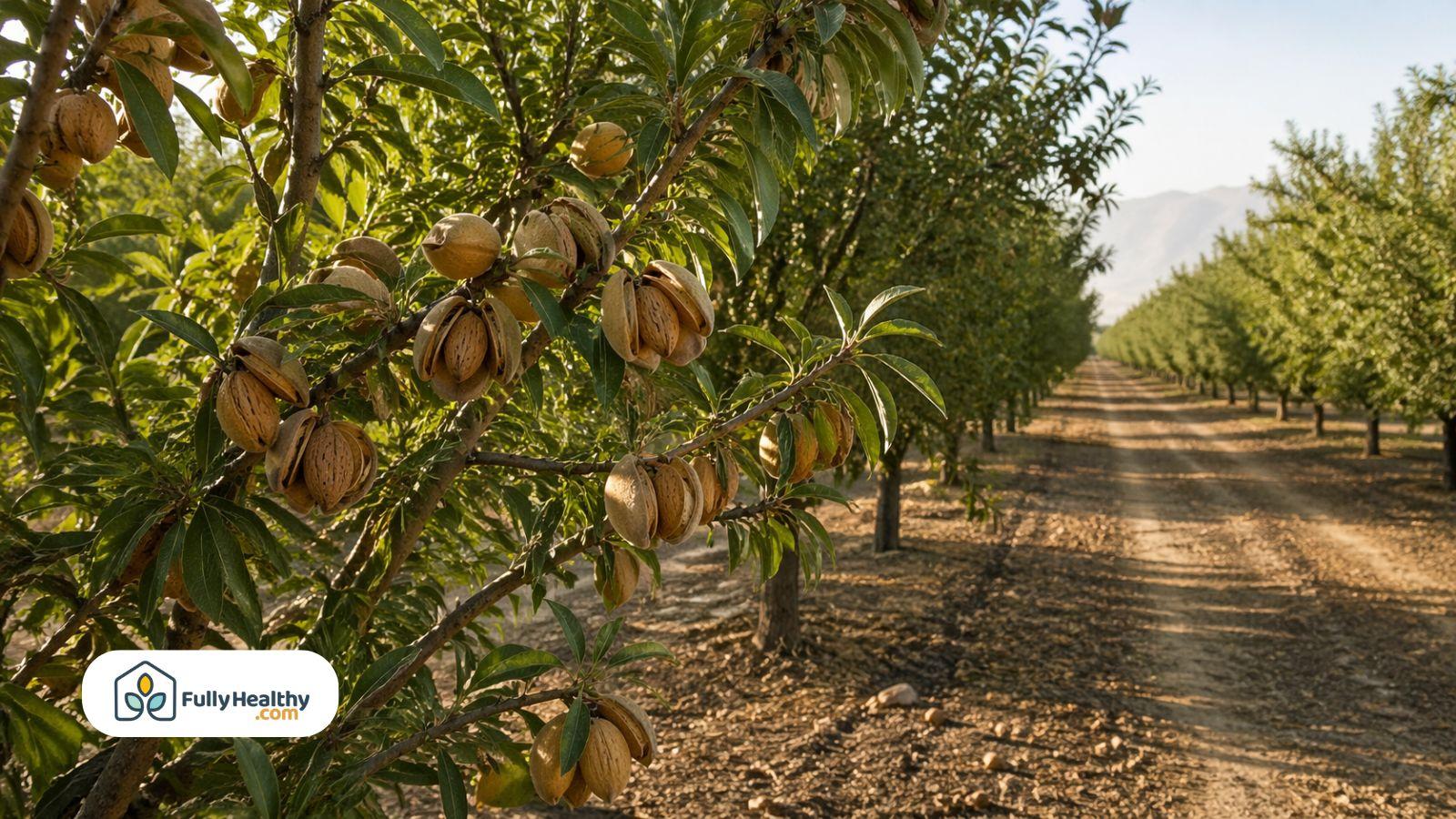 Ripe almonds hanging on branches beside long orchard path