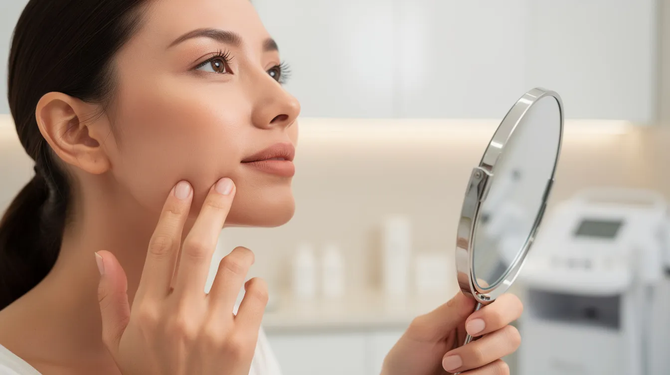 A person is gently touching their defined jawline while looking into a handheld mirror in a bright, modern aesthetic clinic, showcasing their interest in facial rejuvenation. The setting highlights the use of advanced laser technology for skin tightening and stimulating collagen production, offering a non-surgical option for those seeking a sculpted appearance.