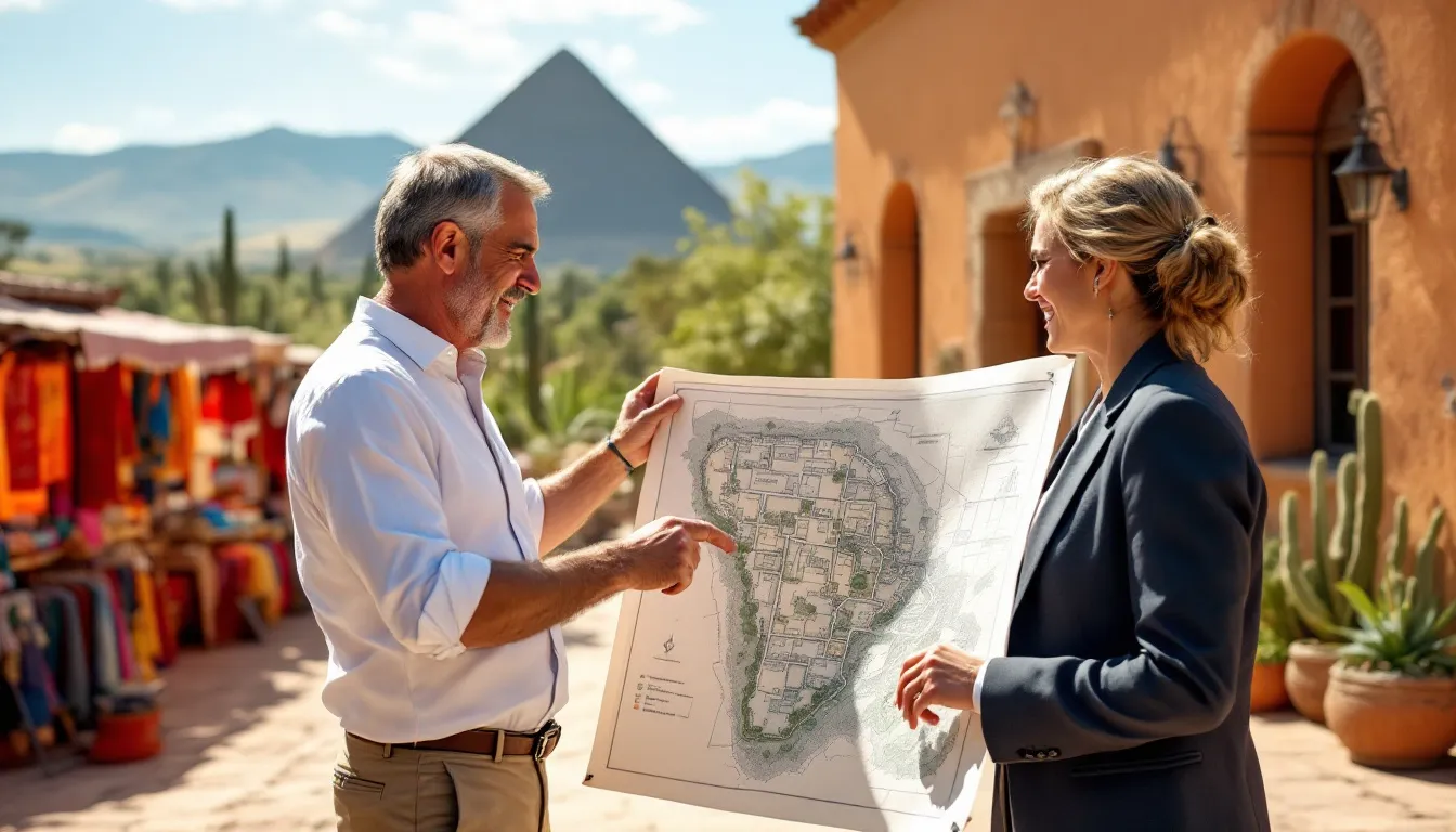 A foreign buyer discussing property options with a real estate agent in Mexico.