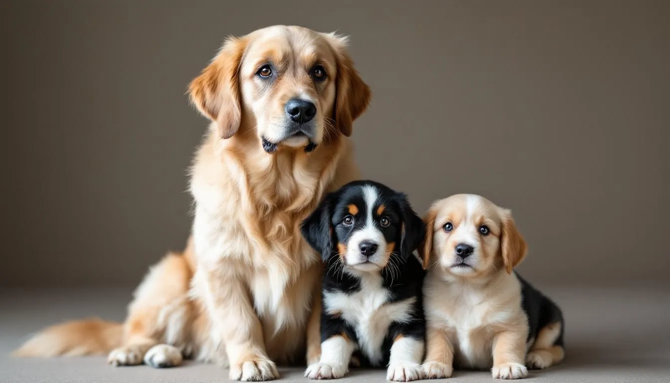 Three tuxedo goldendoodles of varying sizes sit together, showcasing their size differences, with their distinctive white markings adding charm to their appearance. These adorable dogs, likely from a breeder, exhibit a friendly temperament, making them perfect family pets.
