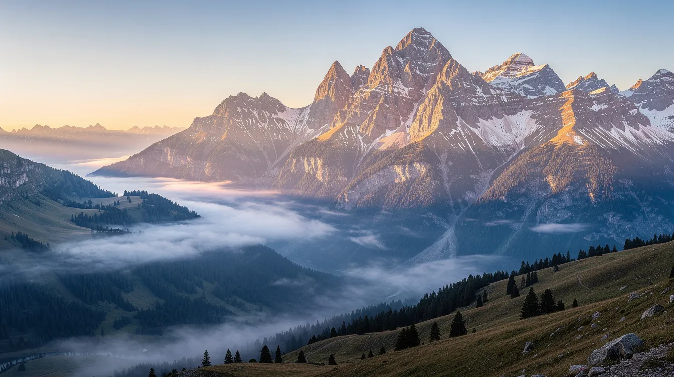 The image captures a breathtaking landscape at sunrise, where golden light bathes distant mountain peaks while mist gently rises from the valley below, creating a serene and ethereal atmosphere. This stunning scene exemplifies the natural beauty that landscape photographers strive to capture in their fine art prints.