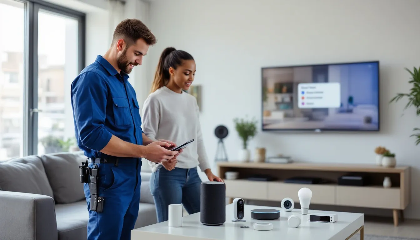 A technician is assisting a customer in setting up smart home devices and an entertainment system, showcasing Verizon's home device protect services. The scene emphasizes the personalized support provided through in-home visits and tech coach services for Verizon home internet customers.